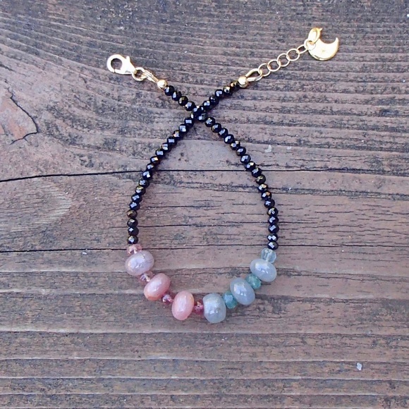 Sparkling Natural Black Spinel , Emerald and Sapphire Bracelet 14K Gold Filled - Picture 9 of 10